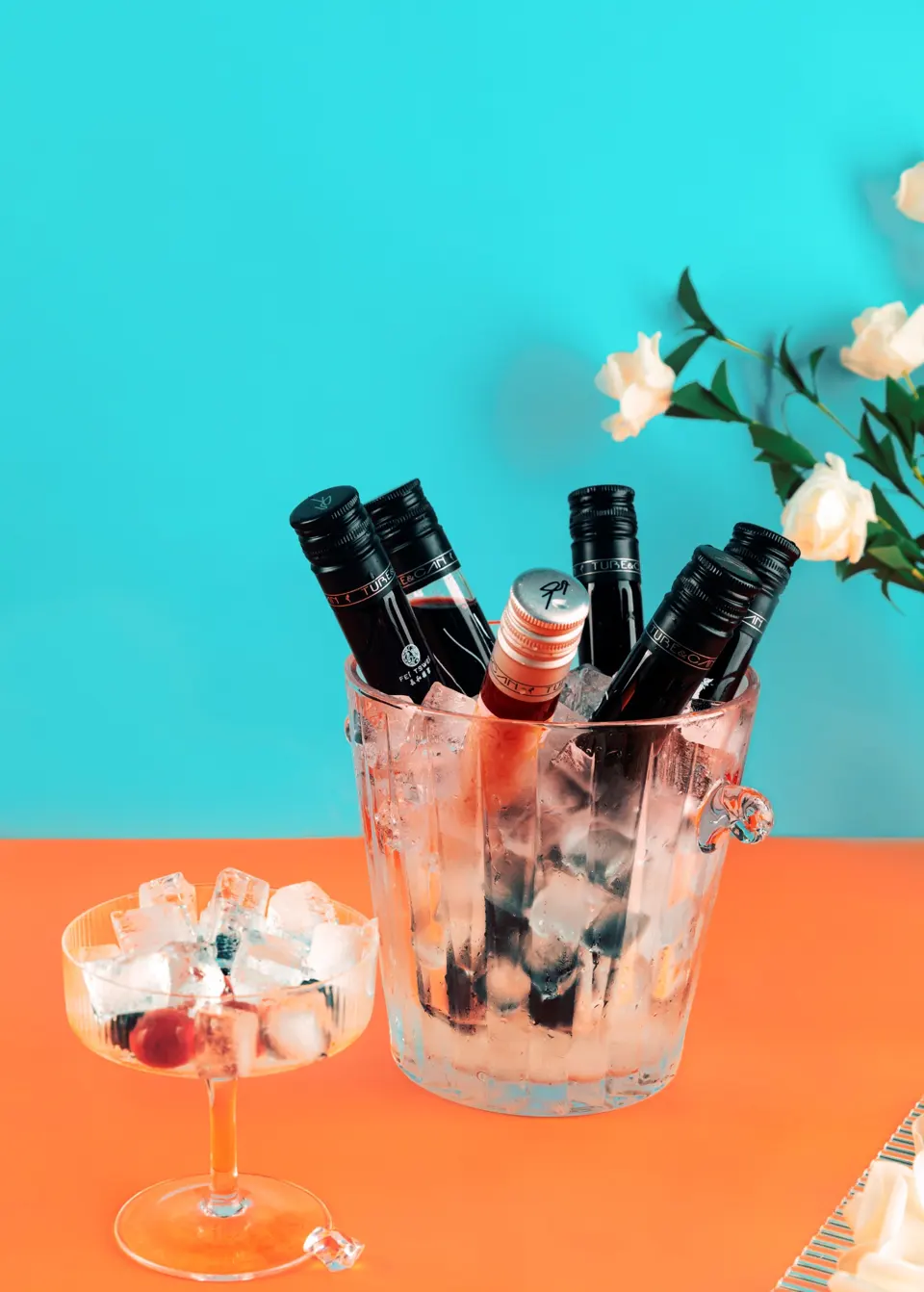 Actual wine tube bottle collection in an ice bucket